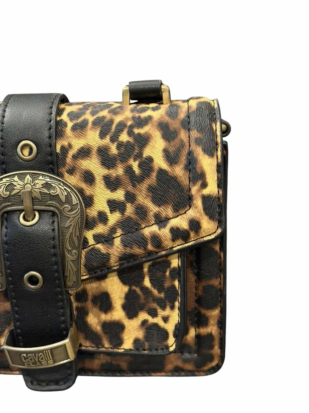 Cavalli Class Como Mini Bag Top Handle Leopard w/Black Crossbody Buckle NEW $98
